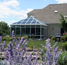 Purple flowers in front of conservatory sunroom