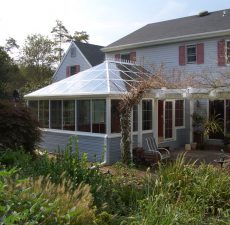Conservatory style sunroom with blue detail