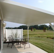 side view of white outdoor patio cover installation