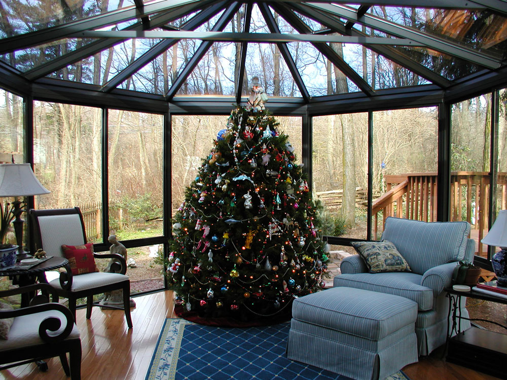 Conservatory sunroom decorated for Christmas