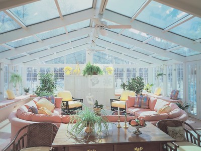 Large, fully furnished glass cathedral sunroom