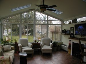 indoor view of solid cathedral roof sunroom addition